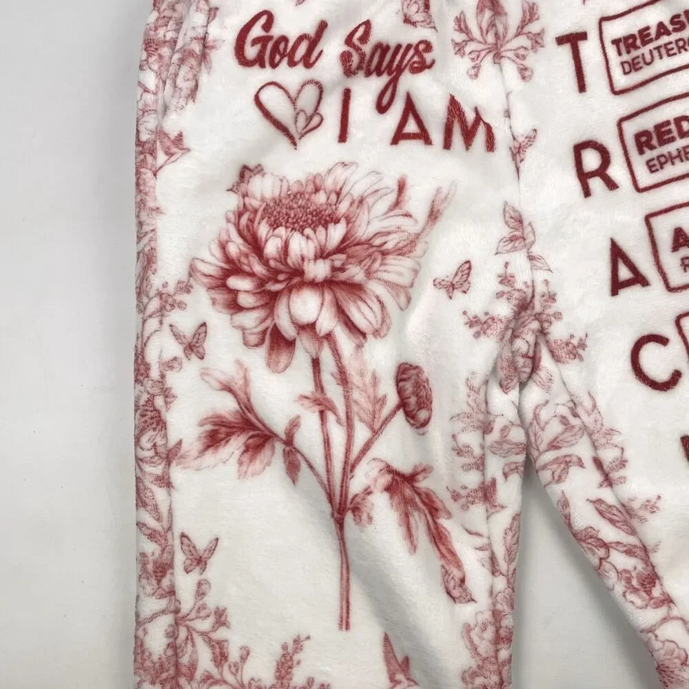 Personalized Red White Fleece Womens M Bible Verses PJ Pants TRACIE Christian